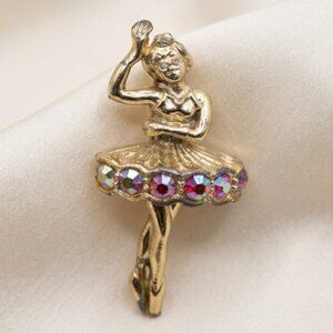 Ballerina Brooch Rhinestone Skirt Dancer Ballet Pin Gold Tone 1.75”